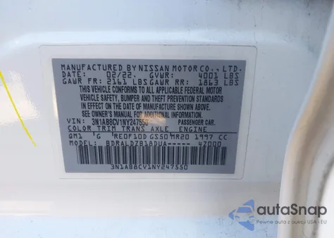 2022 Nissan Sentra Sv Xtronic Cvt из США, поврежденный, VIN 3N1AB8CV1NY247550